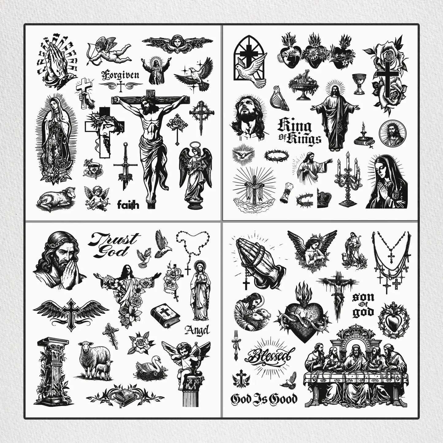 Divine Vector Pack Example - Close-up of detailed Christian-themed vector elements, including Jesus illustrations, halos, and faith-based artwork.