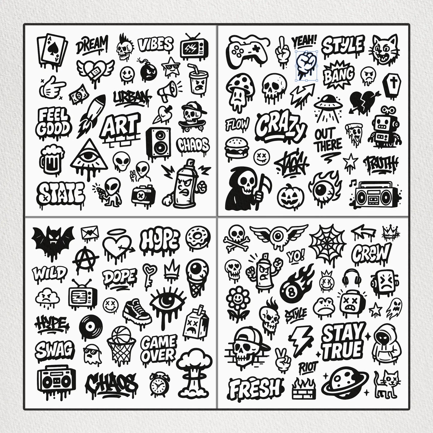 Doodle_Vector_Pack_Example – Close-up of doodle vector designs, featuring hand-drawn icons, urban text art, and expressive illustrations.
