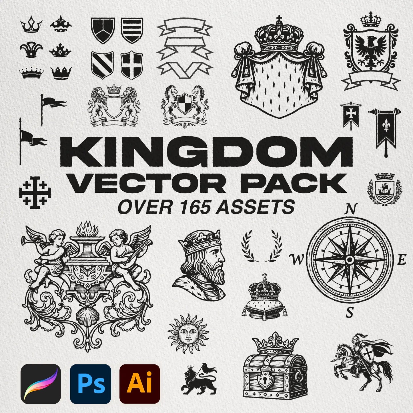 Kingdom_Vector_Pack_Cover – Display of medieval-themed vector graphics, perfect for adding royal and heraldic design elements to creative projects.