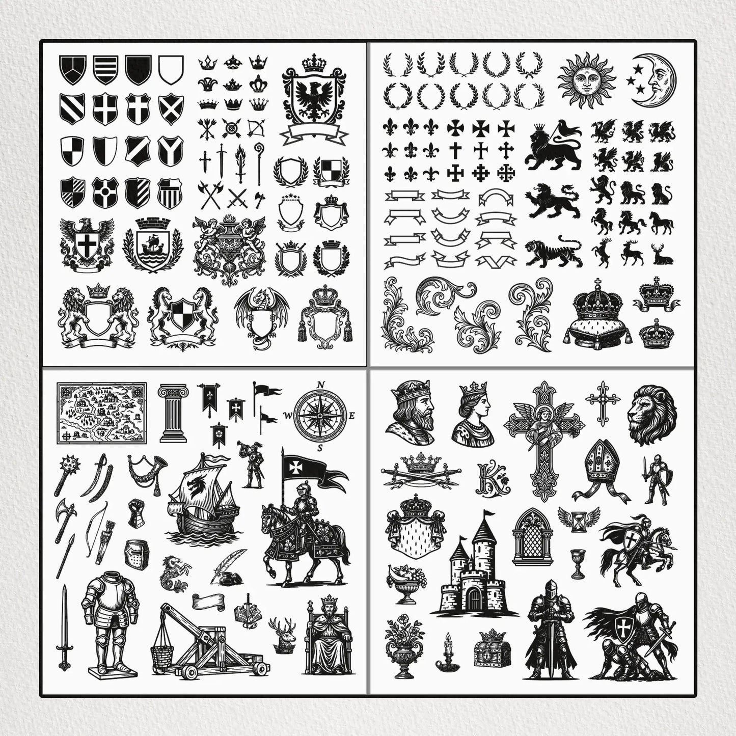 Kingdom_Vector_Pack_Example – Close-up of kingdom-inspired vector designs, showcasing shields, crowns, knights, and ornamental linework.
