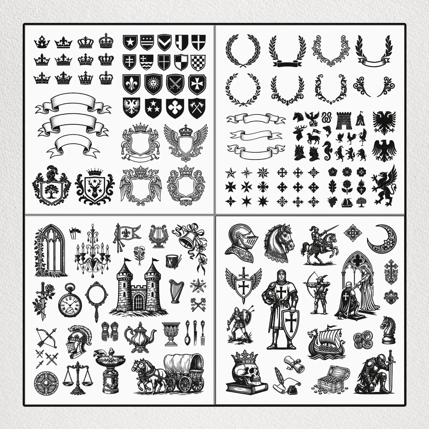 Kingdom_Vector_Pack_V2_Example – Close-up of kingdom-inspired vector designs, featuring shields, crowns, knights, banners, and ornamental linework.