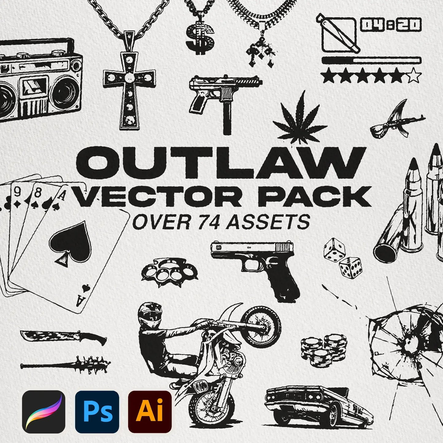 Outlaw Vector Pack Cover - A collection of gangster-inspired vector graphics featuring weapons, skulls, and outlaw symbols for bold design projects.