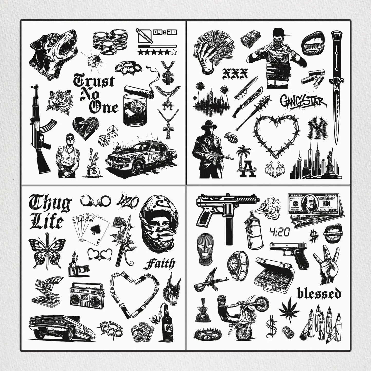 Outlaw Vector Pack Example - Close-up of detailed outlaw-themed vector elements, including guns, knives, skull masks, and street-style artwork.