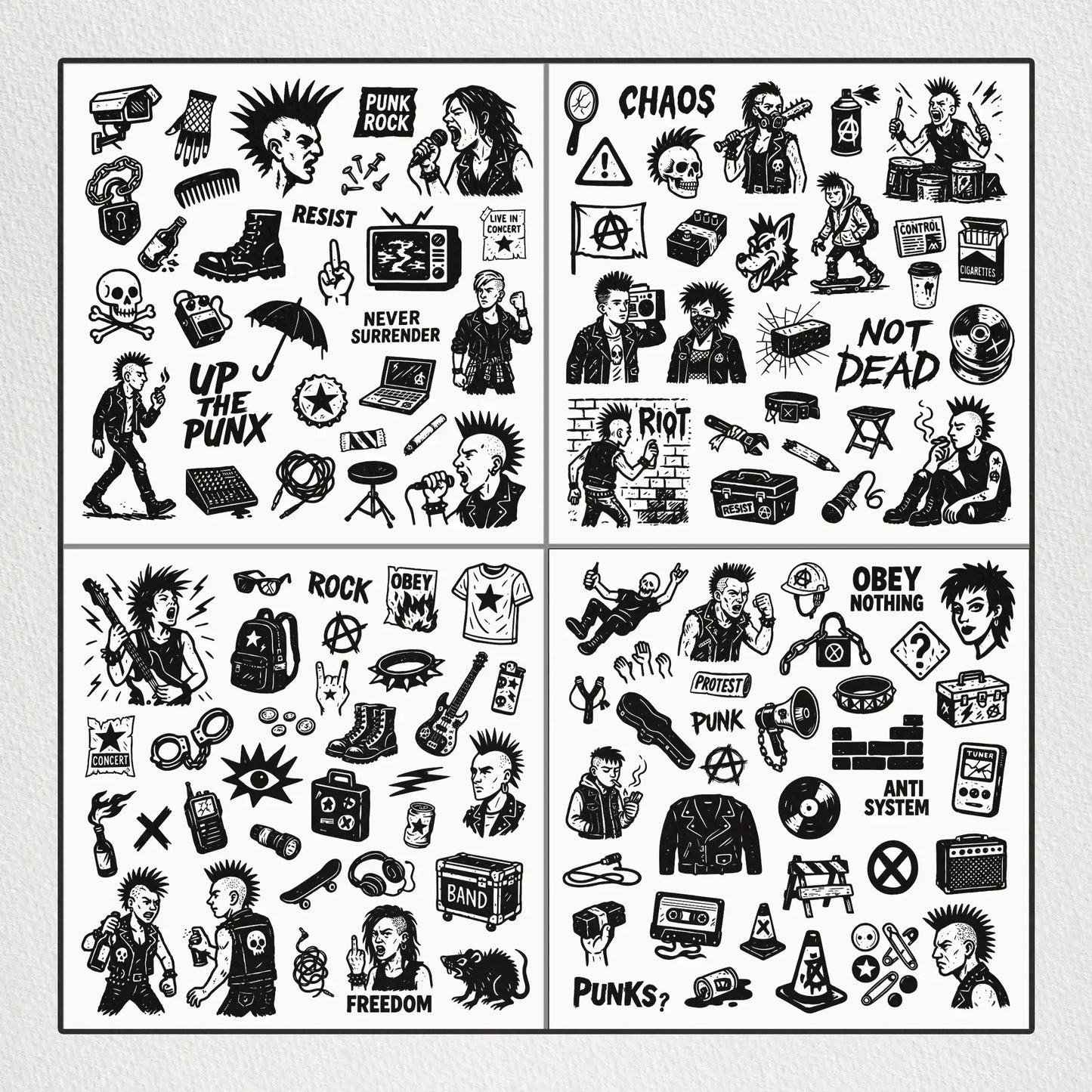 Punk_Vector_Pack_Example – Close-up of punk vector designs featuring skulls, studs, mohawks, torn textures, and bold graphic icons.