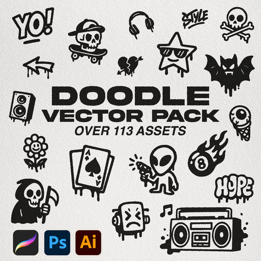 Doodle_Vector_Pack_Cover – Display of graffiti-inspired doodle vector graphics, perfect for adding playful and street-style elements to creative projects.