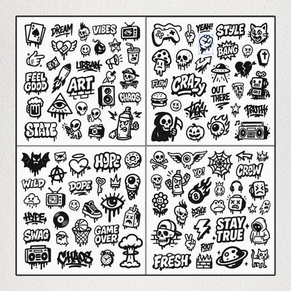 Doodle_Vector_Pack_Example – Close-up of doodle vector designs, featuring hand-drawn icons, urban text art, and expressive illustrations.