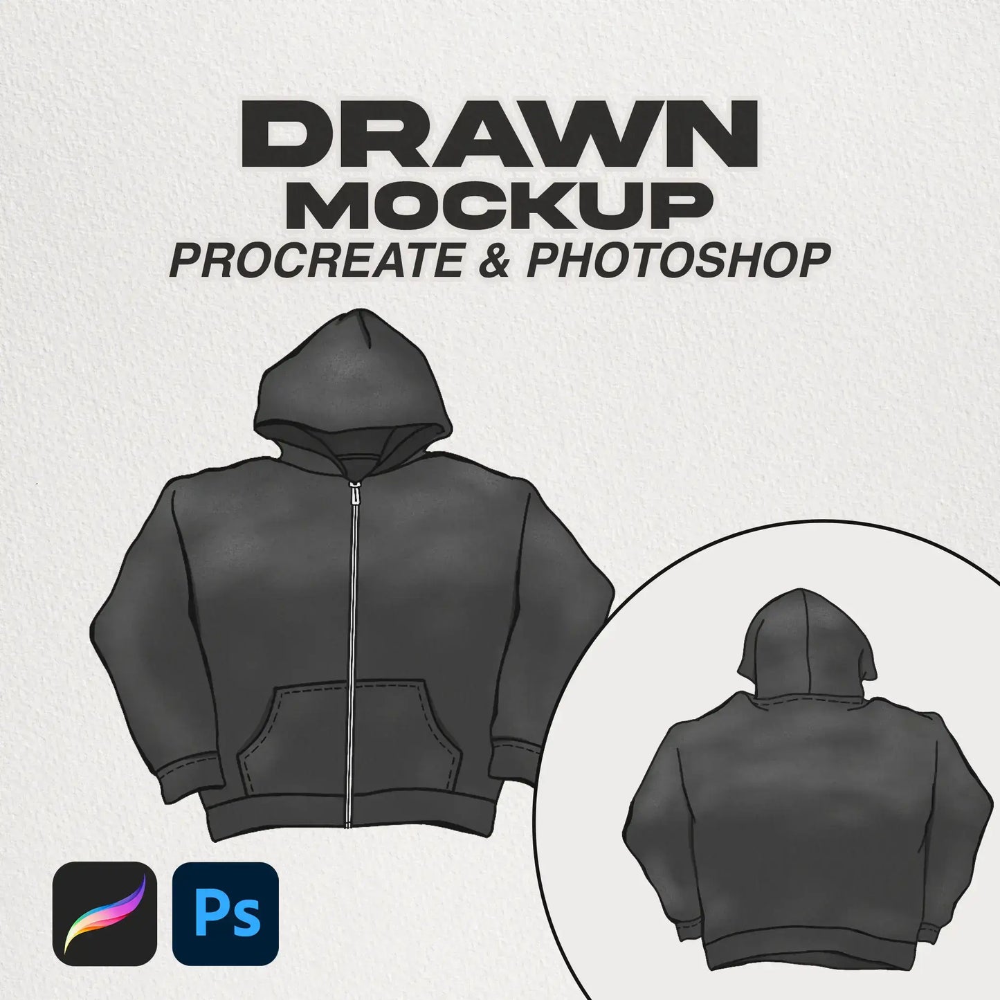 Drawn Zip-Up Hoodie 2.0 Cover - Hand-drawn mockup for showcasing zip-up hoodie designs in Procreate. mockup.