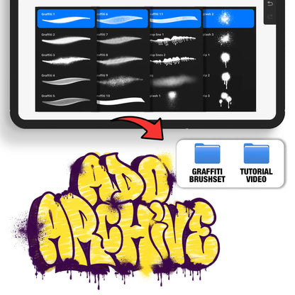 Graffiti Brush Pack Brushes Showcase – Preview of spray strokes, drips, and splashes applied to a street art typography design