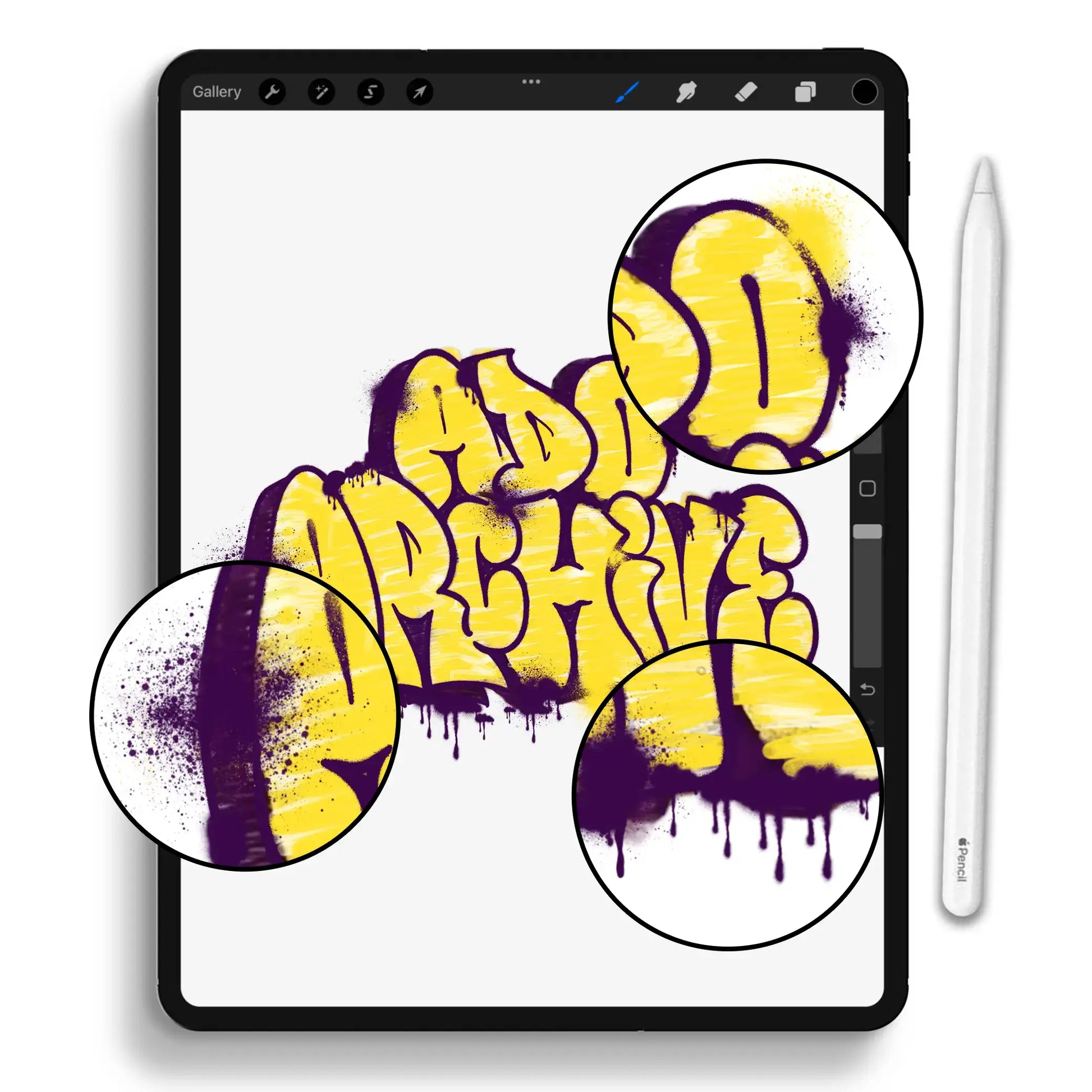 Graffiti Brush Pack Details – Close-up look at realistic spray paint splatters, drips, and gritty textures for adding urban vibes to your projects