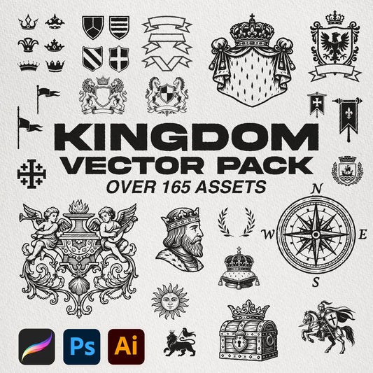 Kingdom_Vector_Pack_Cover – Display of medieval-themed vector graphics, perfect for adding royal and heraldic design elements to creative projects.