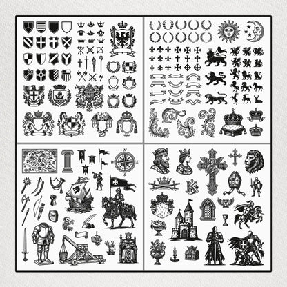 Kingdom_Vector_Pack_Example – Close-up of kingdom-inspired vector designs, showcasing shields, crowns, knights, and ornamental linework.