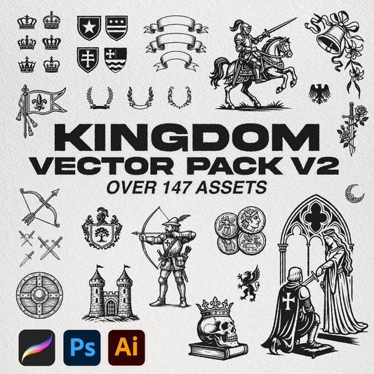 Kingdom_Vector_Pack_V2_Cover – Display of medieval-themed vector graphics, perfect for adding royal, heraldic, and vintage elements to design projects.