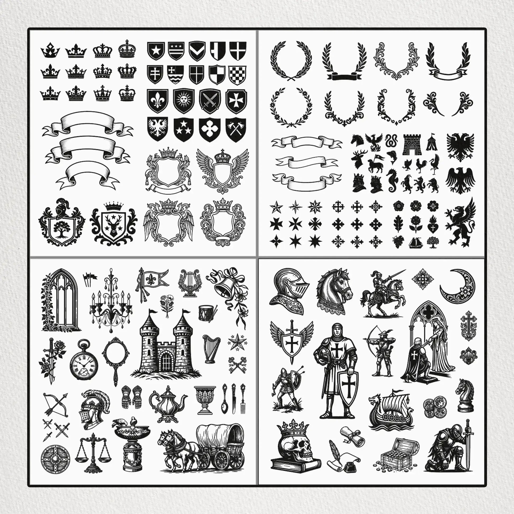 Kingdom_Vector_Pack_V2_Example – Close-up of kingdom-inspired vector designs, featuring shields, crowns, knights, banners, and ornamental linework.