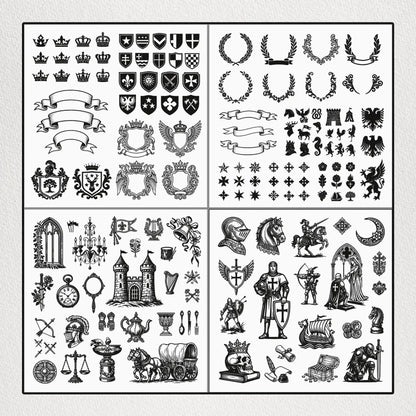Kingdom_Vector_Pack_V2_Example – Close-up of kingdom-inspired vector designs, featuring shields, crowns, knights, banners, and ornamental linework.