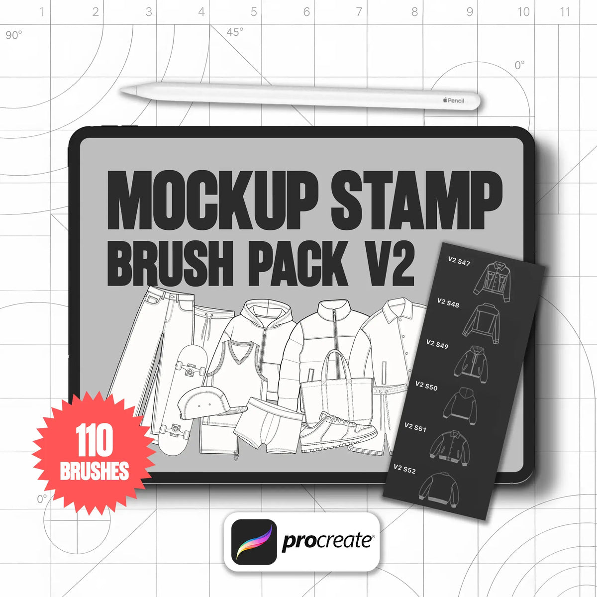 Mockup Stamp Brush Pack V2 Cover – 110 Procreate clothing flat-sketch brushes for streetwear and apparel designers