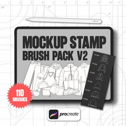 Mockup Stamp Brush Pack V2 Cover – 110 Procreate clothing flat-sketch brushes for streetwear and apparel designers