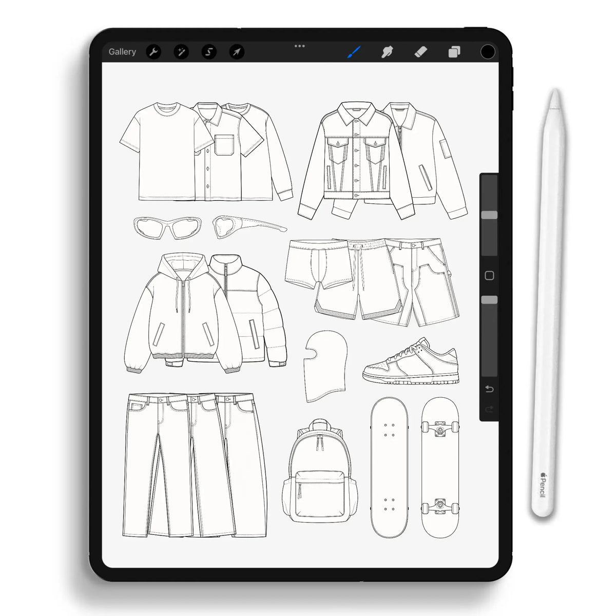 Mockup Stamp Brush Pack V2 Details – Detailed technical drawings of tees, jackets, pants, balaclavas, sneakers, and accessories for tech packs