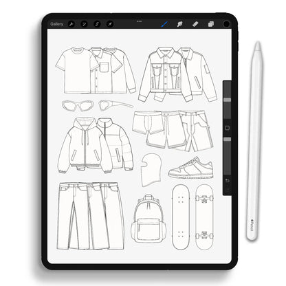 Mockup Stamp Brush Pack V2 Details – Detailed technical drawings of tees, jackets, pants, balaclavas, sneakers, and accessories for tech packs