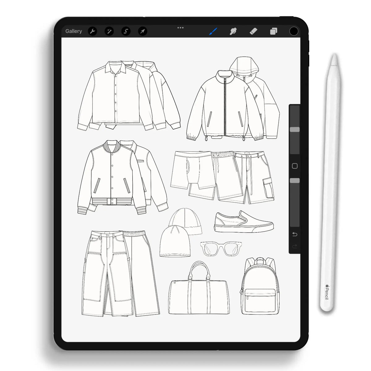 Mockup Stamp Brush Pack V2 Details – Detailed technical drawings of tees, jackets, pants, balaclavas, sneakers, and accessories for tech packs