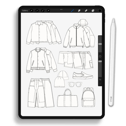 Mockup Stamp Brush Pack V2 Details – Detailed technical drawings of tees, jackets, pants, balaclavas, sneakers, and accessories for tech packs