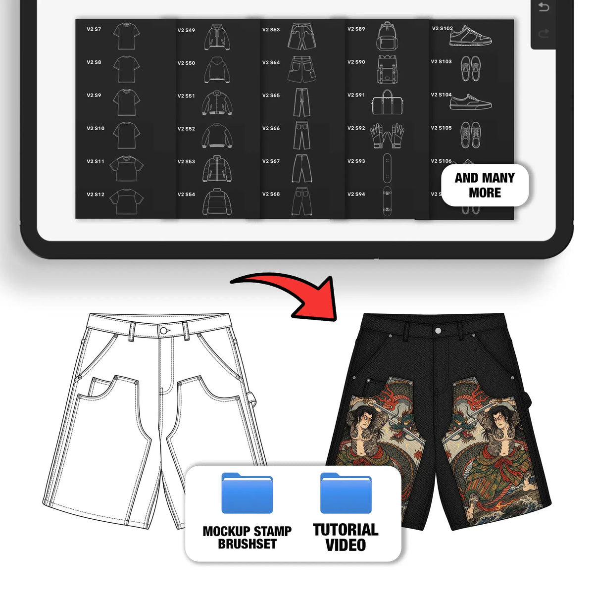 Mockup Stamp Brush Pack V2 Showcase – Preview of clothing templates including a before and after of custom designed streetwear shorts