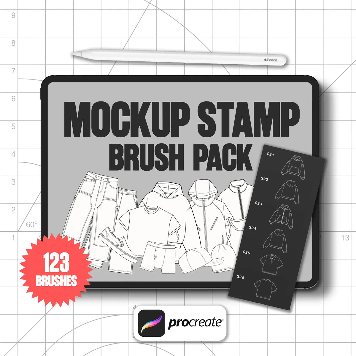 Mockup_Stamp_Brushpack_Cover – Display of the Mockup Stamp Procreate brush pack with 123 clothing flat-sketch stamps, ideal for apparel tech packs and streetwear mockups.