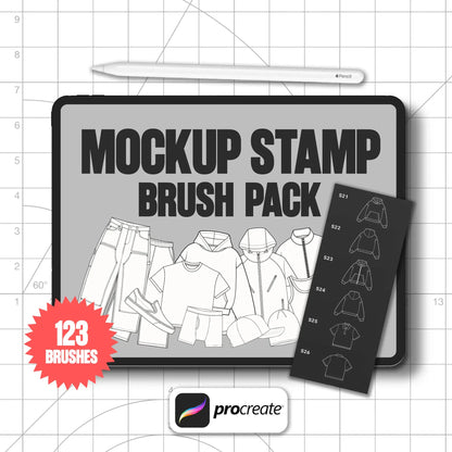 Mockup_Stamp_Brushpack_Cover – Display of the Mockup Stamp Procreate brush pack with 123 clothing flat-sketch stamps, ideal for apparel tech packs and streetwear mockups.