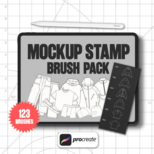 Mockup_Stamp_Brushpack_Cover – Display of the Mockup Stamp Procreate brush pack with 123 clothing flat-sketch stamps, ideal for apparel tech packs and streetwear mockups.