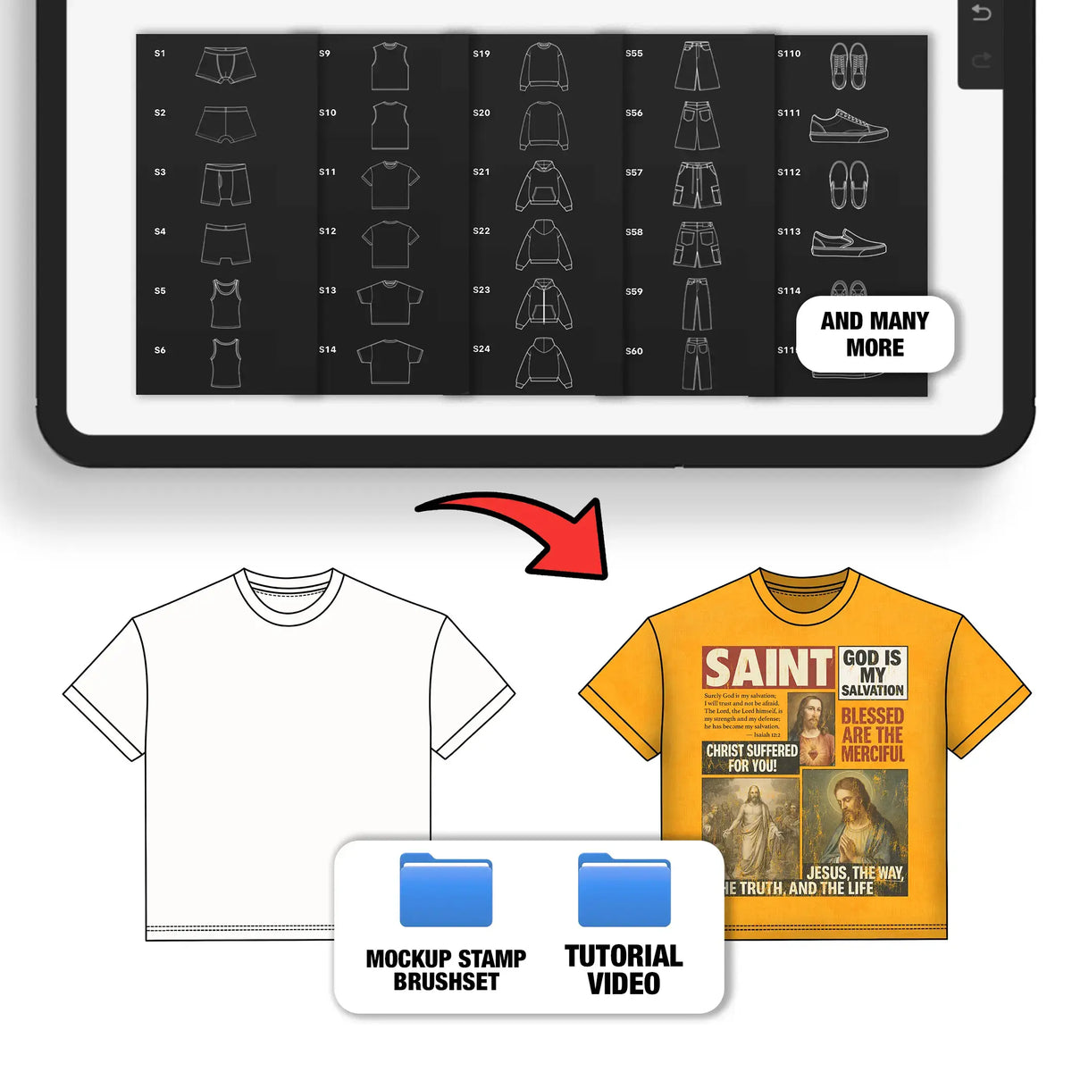 Mockup_Stamp_Brushpack_Details – Full grid preview of clothing stamp brushes alongside a before-and-after t-shirt mockup example, showing flat sketch to finished design application.