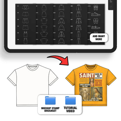 Mockup_Stamp_Brushpack_Details – Full grid preview of clothing stamp brushes alongside a before-and-after t-shirt mockup example, showing flat sketch to finished design application.