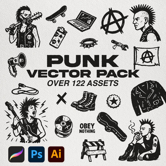 Punk_Vector_Pack_Cover – Display of gritty punk-style vector graphics, perfect for adding rebellious and edgy elements to design projects.