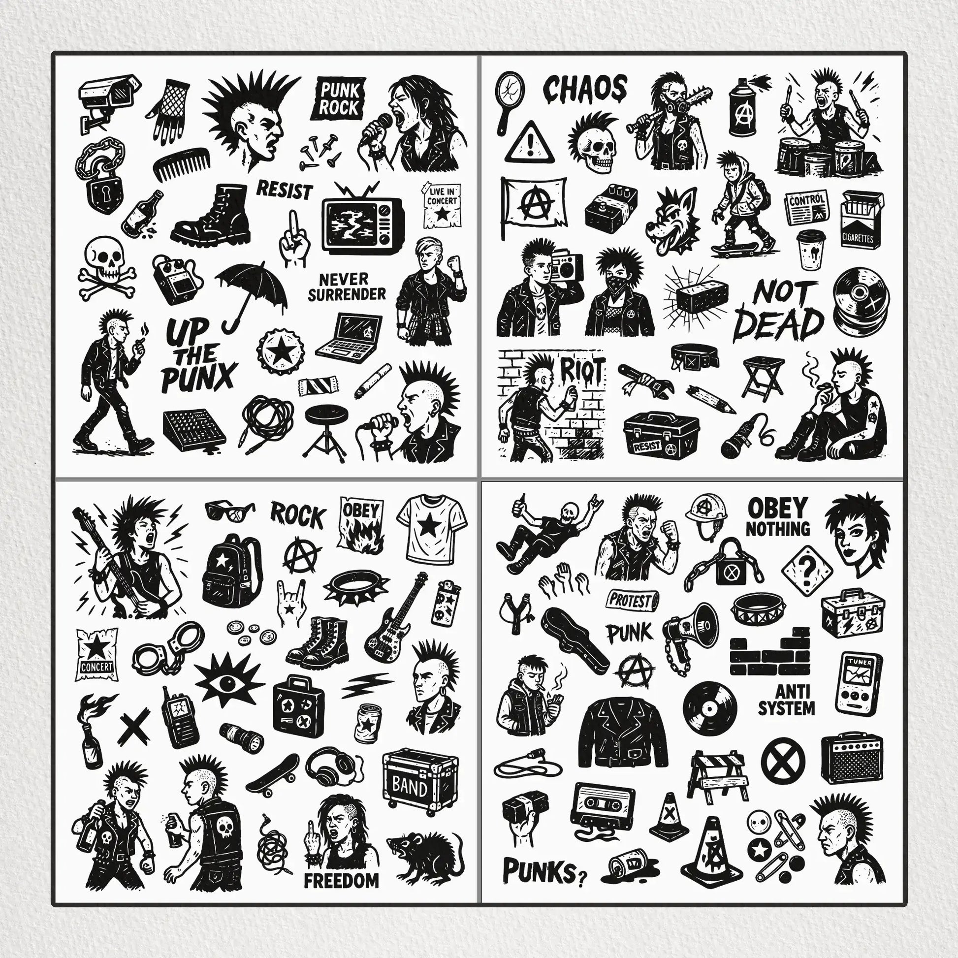 Punk_Vector_Pack_Example – Close-up of punk vector designs featuring skulls, studs, mohawks, torn textures, and bold graphic icons.