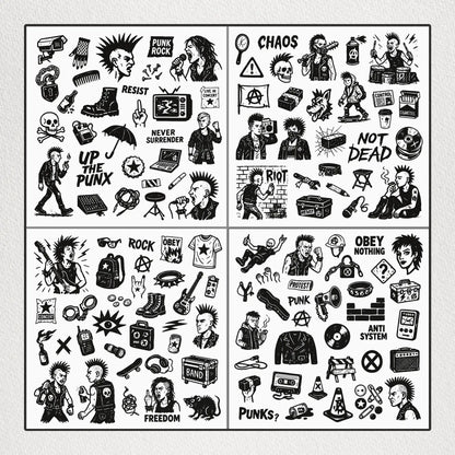 Punk_Vector_Pack_Example – Close-up of punk vector designs featuring skulls, studs, mohawks, torn textures, and bold graphic icons.