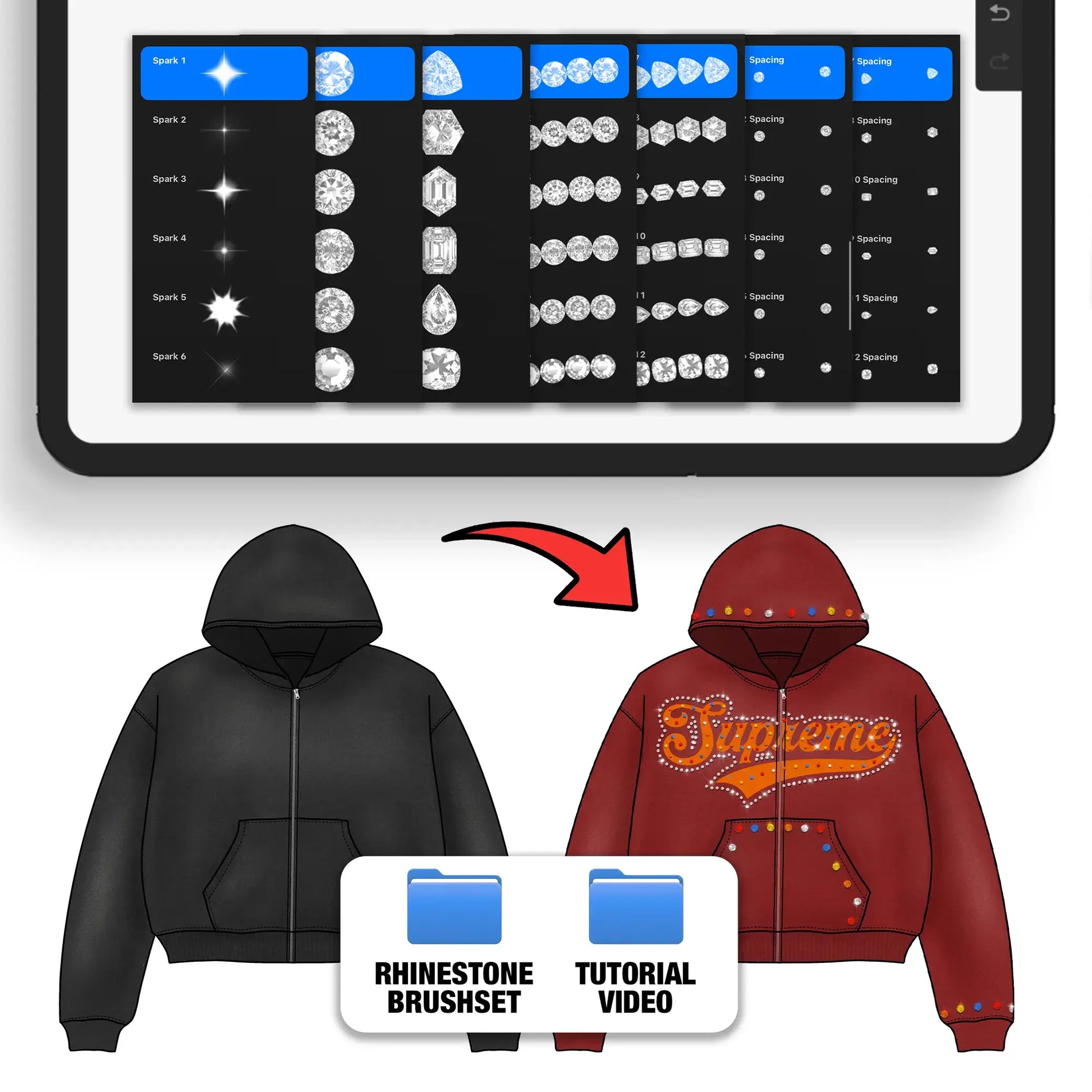 Rhinestone Brush Pack Brushes Showcase – Preview of sparkling gem stamps and spacing chains ideal for streetwear, Y2K, and apparel mockups