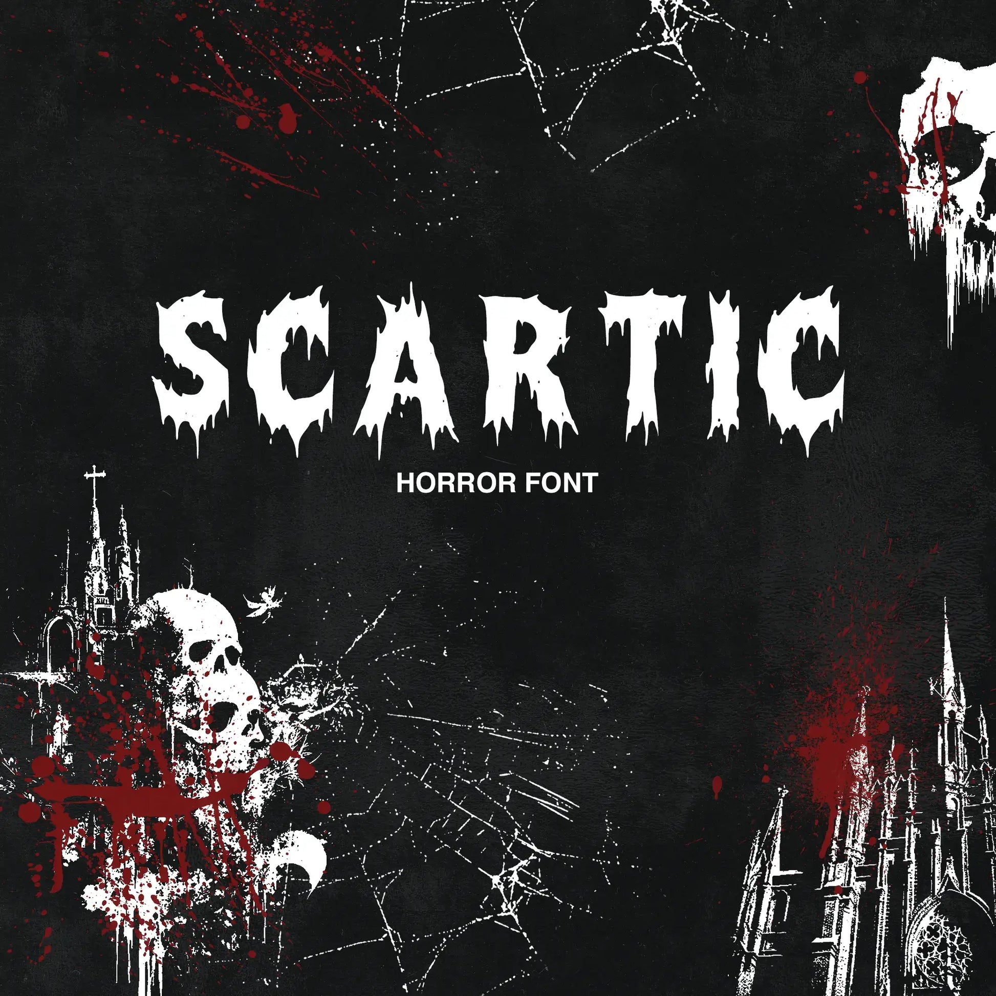 Scartic_Typeface_Cover – Display of the Scartic horror-style typeface font, ideal for dark, edgy, and gothic typography projects.