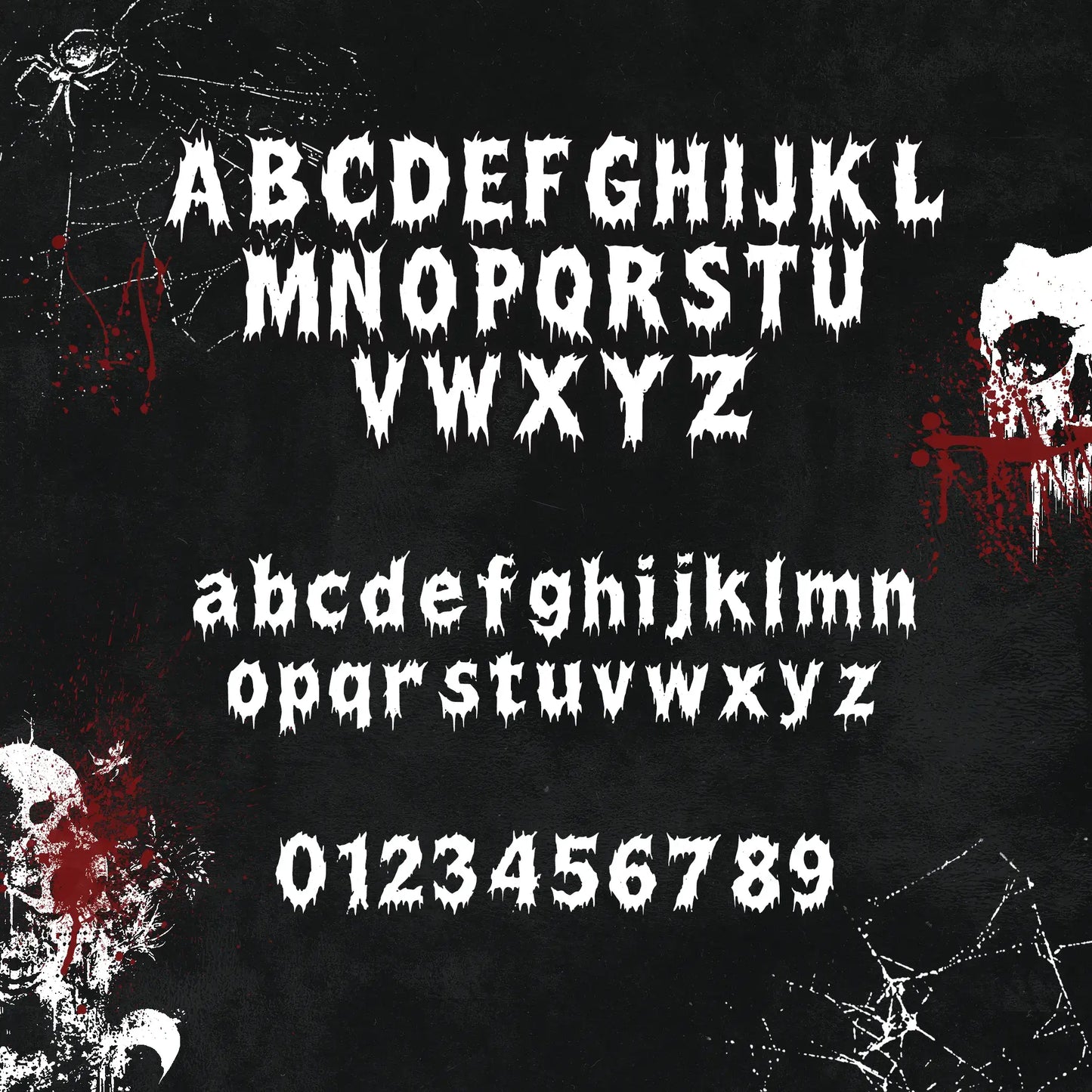 Scartic_Typeface_Details – Detailed view of Scartic typeface font characters with dripping edges, sharp strokes, and unique horror-inspired shapes.
