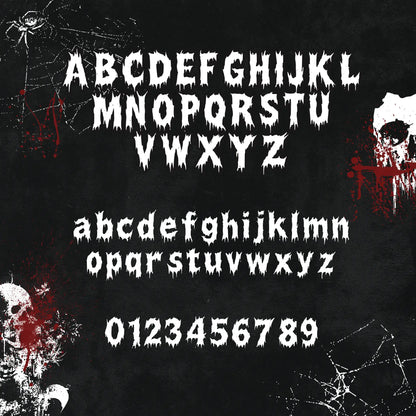 Scartic_Typeface_Details – Detailed view of Scartic typeface font characters with dripping edges, sharp strokes, and unique horror-inspired shapes.