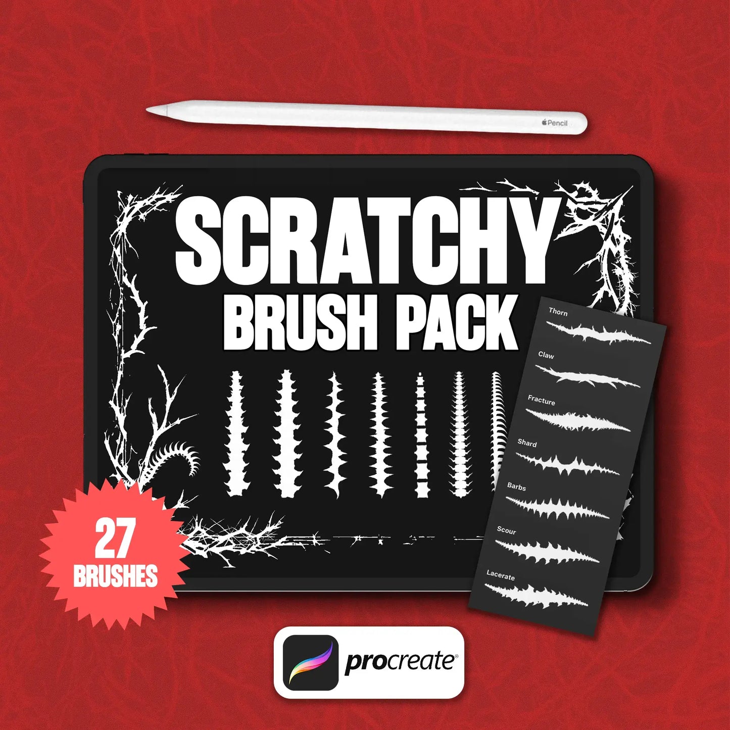 Scratchy_Brushpack_Cover – Display of the Scratchy Procreate brush pack with 27 scratch and thorn-style brushes, ideal for horror, grunge, and distressed typography projects.