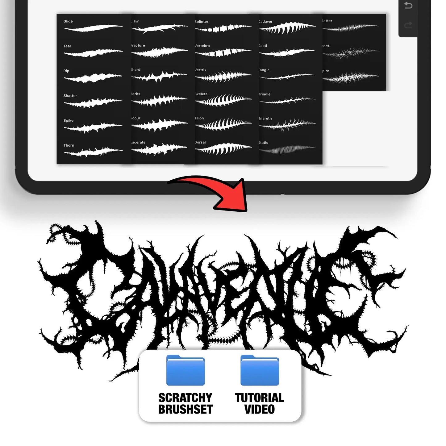 Scratchy_Brushpack_Details – Full grid preview of all 27 Scratchy brush strokes alongside a scratchy lettering artwork example, showing thorn, claw, and skeletal-style textures.