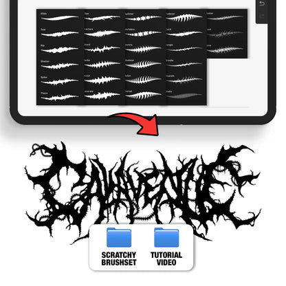 Scratchy_Brushpack_Details – Full grid preview of all 27 Scratchy brush strokes alongside a scratchy lettering artwork example, showing thorn, claw, and skeletal-style textures.