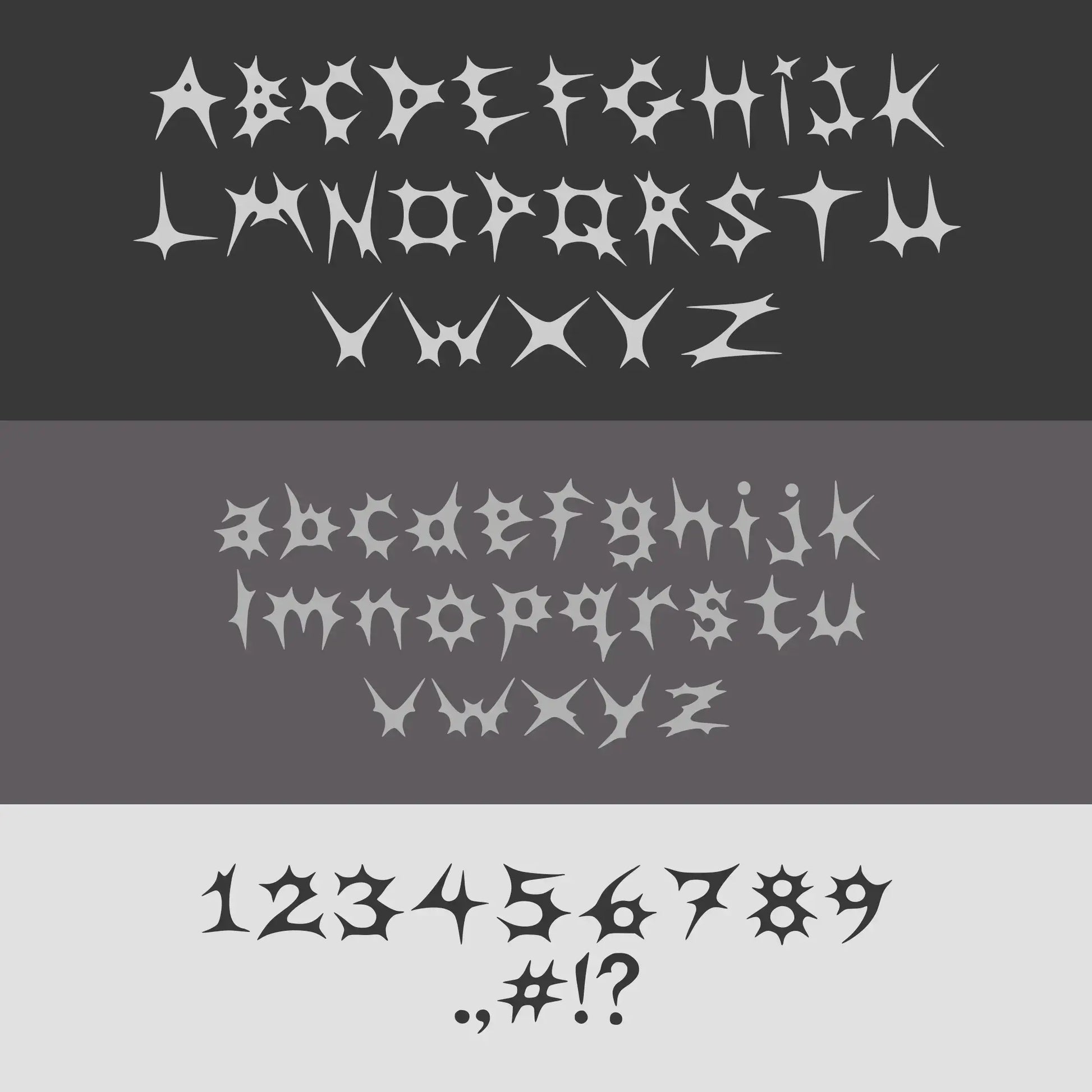 Spiked_Typeface_Details – Detailed view of Spiked typeface font characters with jagged edges, sharp spikes, and unique star-inspired shapes.