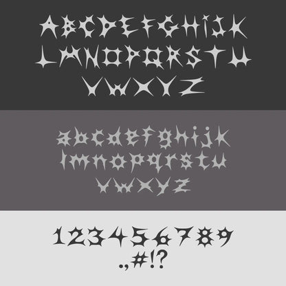 Spiked_Typeface_Details – Detailed view of Spiked typeface font characters with jagged edges, sharp spikes, and unique star-inspired shapes.